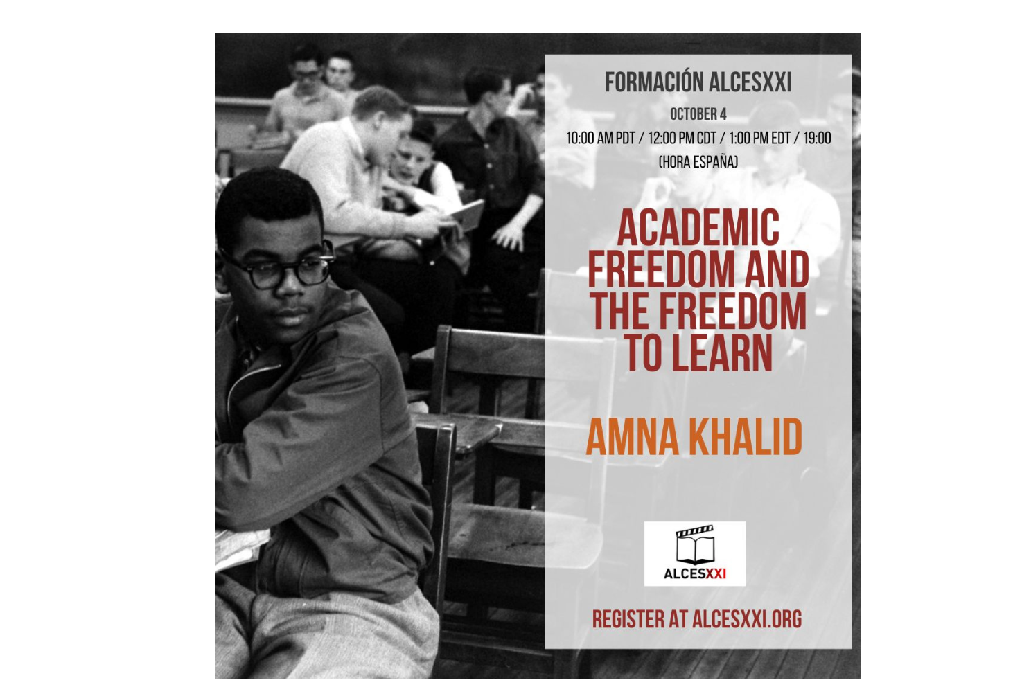 Afro-american student on black and white picture announcing event